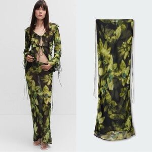 Mango Floral Chiffon Tie Side Skirt in Green